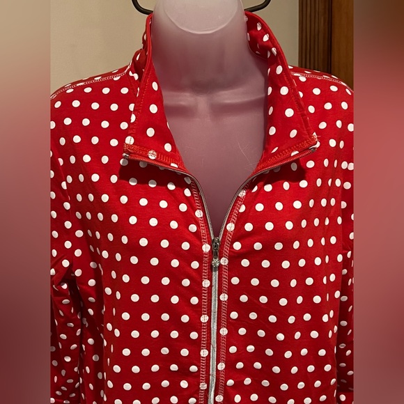 ONQUE CASUALS ZIP UP JACKET COVER UP LAYERING PIECE RED WHITE POLKA DOT LARGE - Picture 7 of 13
